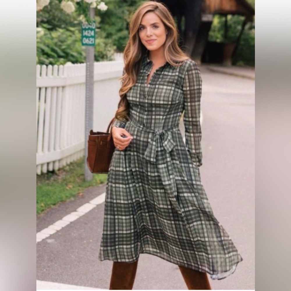 Gal Meets Glam Jessie Plaid Sage Green button dress GMG - Picture 4 of 9